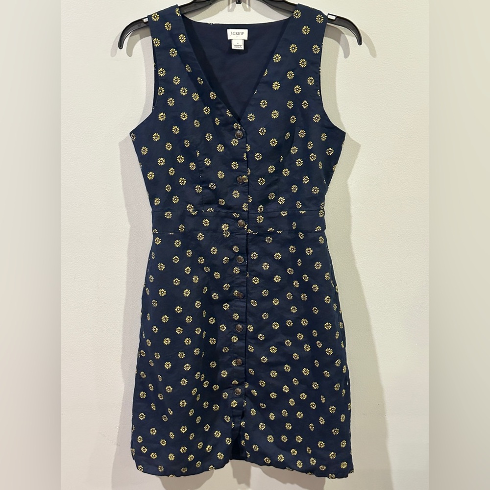 J.Crew Navy Linen Blend Daisy Print Button Front Dress Size 4